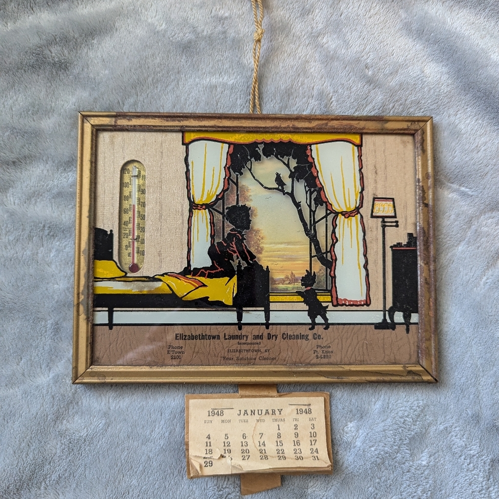 Vintage 1948 advertising calendar and thermometer